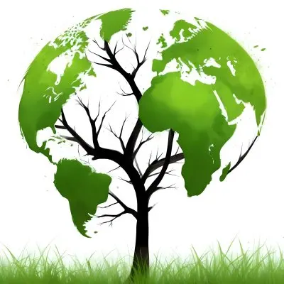 Digital Painting A Tree With A Trunk And Branches The Foliage Is The Shape Of The World Continents Green Grass At The Bottom White Background Bold And Slim Lines Brush Strokes 16 68ff