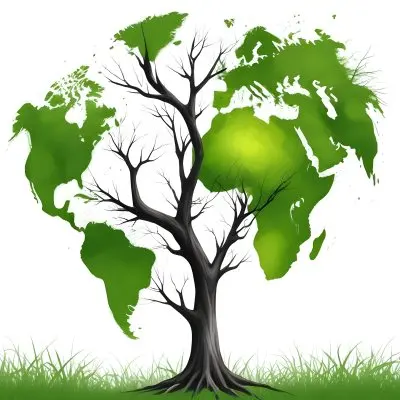 Digital Painting A Tree With A Trunk And Branches The Foliage Is The Shape Of The World Continents Green Grass At The Bottom White Background Bold And Slim Lines Brush Strokes 17 F847