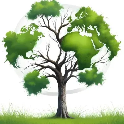 Digital Painting A Tree With A Trunk And Branches The Foliage Is The Shape Of The World Continents Green Grass At The Bottom White Background Bold And Slim Lines Brush Strokes 21 797e