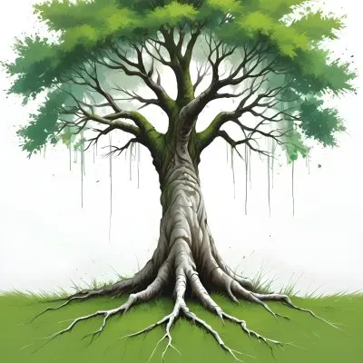 Digital Painting A Tree With A Trunk And Branches The Foliage Is The Shape Of The World Continents Green Grass At The Bottom White Background Bold And Slim Lines Brush Strokes 29 B328