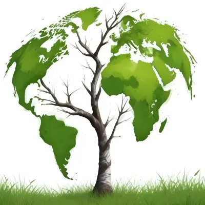Digital Painting A Tree With A Trunk And Branches The Foliage Is The Shape Of The World Continents Green Grass At The Bottom White Background Bold And Slim Lines Brush Strokes 3 8aec