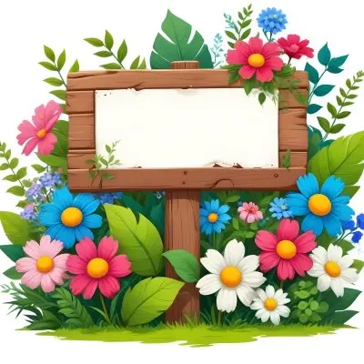 Digital Painting A Wooden Signpost With A Blank Green Area For Text Surrounded By Vibrant Flowers In Various Colors Including Pink Blue And White Alongside Lush Green Leaves And Plants The Background Is Filled W 13 A60d