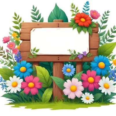 Digital Painting A Wooden Signpost With A Blank Green Area For Text Surrounded By Vibrant Flowers In Various Colors Including Pink Blue And White Alongside Lush Green Leaves And Plants The Background Is Filled W 14 37b4
