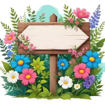 Digital Painting A Wooden Signpost With A Blank Green Area For Text Surrounded By Vibrant Flowers In Various Colors Including Pink Blue And White Alongside Lush Green Leaves And Plants The Background Is Filled W 16 C606