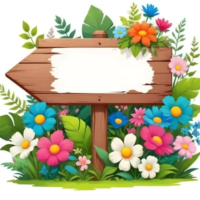 Digital Painting A Wooden Signpost With A Blank Green Area For Text Surrounded By Vibrant Flowers In Various Colors Including Pink Blue And White Alongside Lush Green Leaves And Plants The Background Is Filled W 4 Fc45