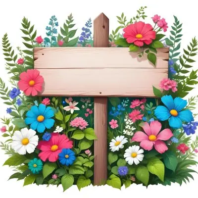 Digital Painting A Wooden Signpost With A Blank Green Area For Text Surrounded By Vibrant Flowers In Various Colors Including Pink Blue And White Alongside Lush Green Leaves And Plants The Background Is Filled W 6 6246