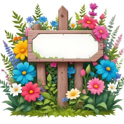 Digital Painting A Wooden Signpost With A Blank Green Area For Text Surrounded By Vibrant Flowers In Various Colors Including Pink Blue And White Alongside Lush Green Leaves And Plants The Background Is Filled W 7 Ebe2