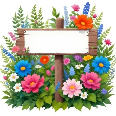 Digital Painting A Wooden Signpost With A Blank Green Area For Text Surrounded By Vibrant Flowers In Various Colors Including Pink Blue And White Alongside Lush Green Leaves And Plants The Background Is Filled W 8 9de4