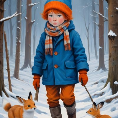 Digital Painting A Young Boy With Red Hair And Freckles Wearing A Blue Winter Coat Orange Hat And Scarf Walking Through A Snowy Forest With A Rabbit And Fox By His Side Bold And Slim Lines Brush Strokes 1 Bcdd