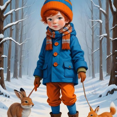 Digital Painting A Young Boy With Red Hair And Freckles Wearing A Blue Winter Coat Orange Hat And Scarf Walking Through A Snowy Forest With A Rabbit And Fox By His Side Bold And Slim Lines Brush Strokes 10 302b