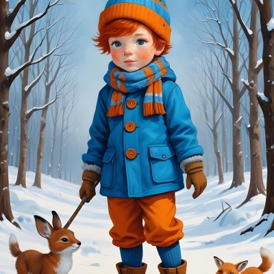 Digital Painting A Young Boy With Red Hair And Freckles Wearing A Blue Winter Coat Orange Hat And Scarf Walking Through A Snowy Forest With A Rabbit And Fox By His Side Bold And Slim Lines Brush Strokes 11 6b37