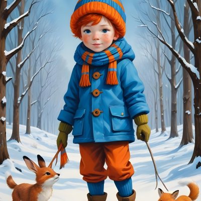 Digital Painting A Young Boy With Red Hair And Freckles Wearing A Blue Winter Coat Orange Hat And Scarf Walking Through A Snowy Forest With A Rabbit And Fox By His Side Bold And Slim Lines Brush Strokes 12 D8ab