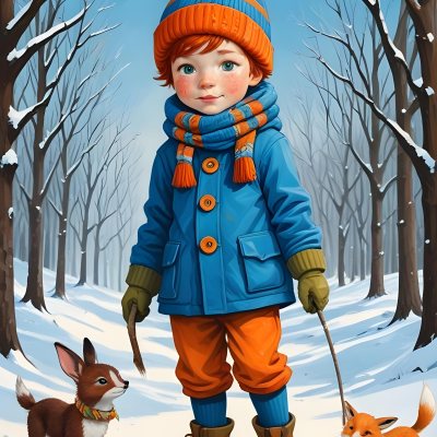 Digital Painting A Young Boy With Red Hair And Freckles Wearing A Blue Winter Coat Orange Hat And Scarf Walking Through A Snowy Forest With A Rabbit And Fox By His Side Bold And Slim Lines Brush Strokes 13 7b37
