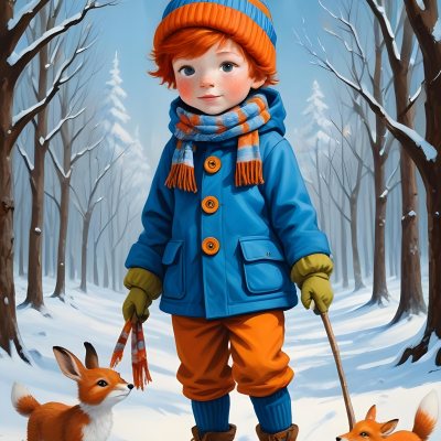 Digital Painting A Young Boy With Red Hair And Freckles Wearing A Blue Winter Coat Orange Hat And Scarf Walking Through A Snowy Forest With A Rabbit And Fox By His Side Bold And Slim Lines Brush Strokes 14 07fc