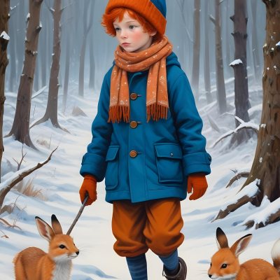 Digital Painting A Young Boy With Red Hair And Freckles Wearing A Blue Winter Coat Orange Hat And Scarf Walking Through A Snowy Forest With A Rabbit And Fox By His Side Bold And Slim Lines Brush Strokes 15 C4e6