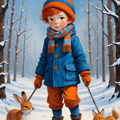 Digital Painting A Young Boy With Red Hair And Freckles Wearing A Blue Winter Coat Orange Hat And Scarf Walking Through A Snowy Forest With A Rabbit And Fox By His Side Bold And Slim Lines Brush Strokes 16 1e80