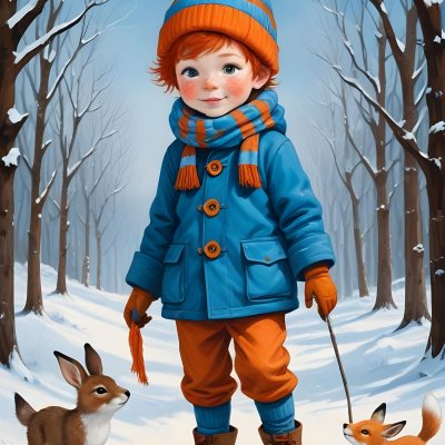 Digital Painting A Young Boy With Red Hair And Freckles Wearing A Blue Winter Coat Orange Hat And Scarf Walking Through A Snowy Forest With A Rabbit And Fox By His Side Bold And Slim Lines Brush Strokes 17 F41e