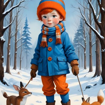 Digital Painting A Young Boy With Red Hair And Freckles Wearing A Blue Winter Coat Orange Hat And Scarf Walking Through A Snowy Forest With A Rabbit And Fox By His Side Bold And Slim Lines Brush Strokes 18 D4c8