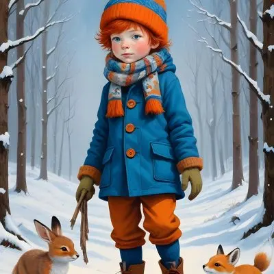 Digital Painting A Young Boy With Red Hair And Freckles Wearing A Blue Winter Coat Orange Hat And Scarf Walking Through A Snowy Forest With A Rabbit And Fox By His Side Bold And Slim Lines Brush Strokes 19 700b