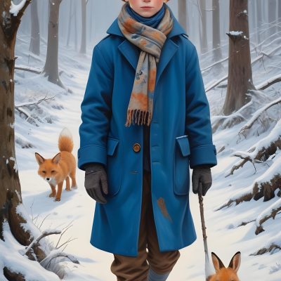 Digital Painting A Young Boy With Red Hair And Freckles Wearing A Blue Winter Coat Orange Hat And Scarf Walking Through A Snowy Forest With A Rabbit And Fox By His Side Bold And Slim Lines Brush Strokes 2 26fb