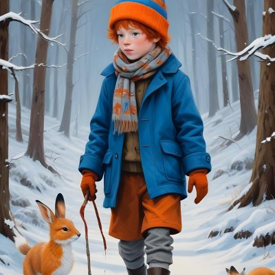 Digital Painting A Young Boy With Red Hair And Freckles Wearing A Blue Winter Coat Orange Hat And Scarf Walking Through A Snowy Forest With A Rabbit And Fox By His Side Bold And Slim Lines Brush Strokes 20 2d54