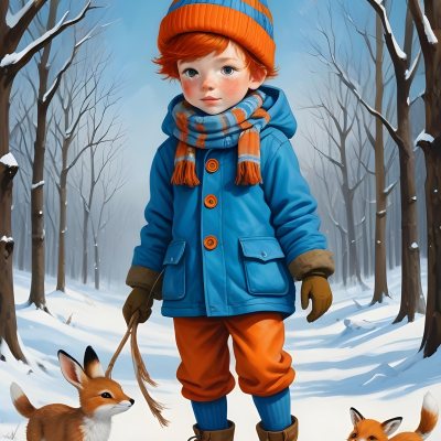 Digital Painting A Young Boy With Red Hair And Freckles Wearing A Blue Winter Coat Orange Hat And Scarf Walking Through A Snowy Forest With A Rabbit And Fox By His Side Bold And Slim Lines Brush Strokes 21 2a25