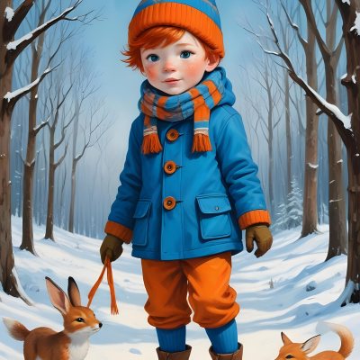 Digital Painting A Young Boy With Red Hair And Freckles Wearing A Blue Winter Coat Orange Hat And Scarf Walking Through A Snowy Forest With A Rabbit And Fox By His Side Bold And Slim Lines Brush Strokes 22 9c48