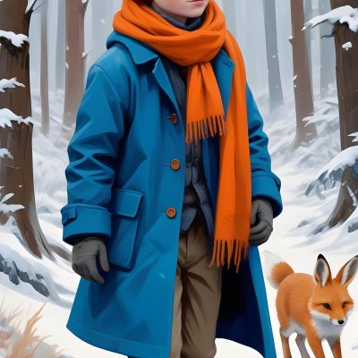 Digital Painting A Young Boy With Red Hair And Freckles Wearing A Blue Winter Coat Orange Hat And Scarf Walking Through A Snowy Forest With A Rabbit And Fox By His Side Bold And Slim Lines Brush Strokes 23 7556