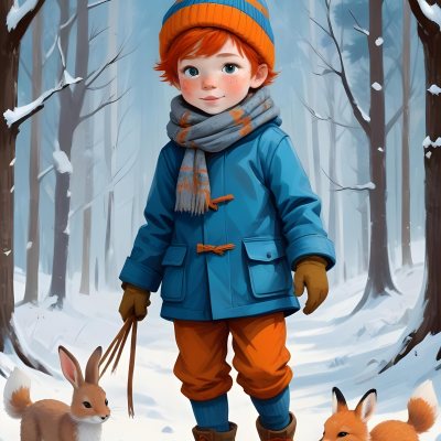 Digital Painting A Young Boy With Red Hair And Freckles Wearing A Blue Winter Coat Orange Hat And Scarf Walking Through A Snowy Forest With A Rabbit And Fox By His Side Bold And Slim Lines Brush Strokes 25 58b2