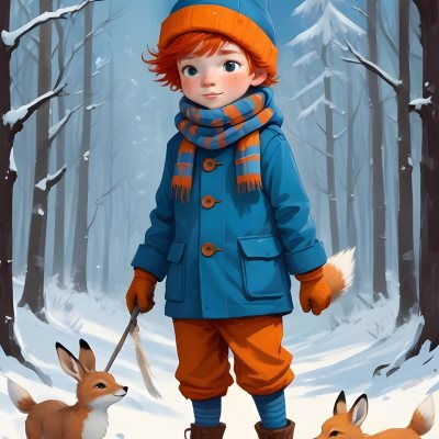 Digital Painting A Young Boy With Red Hair And Freckles Wearing A Blue Winter Coat Orange Hat And Scarf Walking Through A Snowy Forest With A Rabbit And Fox By His Side Bold And Slim Lines Brush Strokes 26 64d6