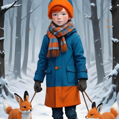 Digital Painting A Young Boy With Red Hair And Freckles Wearing A Blue Winter Coat Orange Hat And Scarf Walking Through A Snowy Forest With A Rabbit And Fox By His Side Bold And Slim Lines Brush Strokes 27 2c55