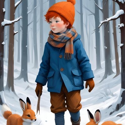 Digital Painting A Young Boy With Red Hair And Freckles Wearing A Blue Winter Coat Orange Hat And Scarf Walking Through A Snowy Forest With A Rabbit And Fox By His Side Bold And Slim Lines Brush Strokes 28 7cb4