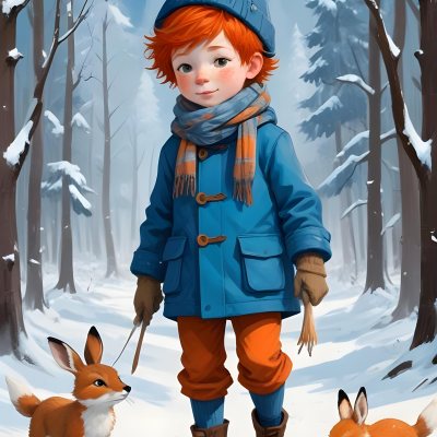 Digital Painting A Young Boy With Red Hair And Freckles Wearing A Blue Winter Coat Orange Hat And Scarf Walking Through A Snowy Forest With A Rabbit And Fox By His Side Bold And Slim Lines Brush Strokes 29 703e