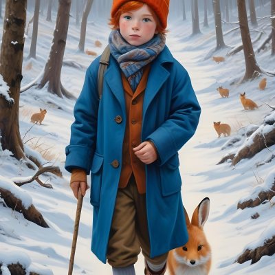 Digital Painting A Young Boy With Red Hair And Freckles Wearing A Blue Winter Coat Orange Hat And Scarf Walking Through A Snowy Forest With A Rabbit And Fox By His Side Bold And Slim Lines Brush Strokes 3 280b
