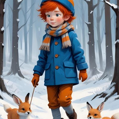 Digital Painting A Young Boy With Red Hair And Freckles Wearing A Blue Winter Coat Orange Hat And Scarf Walking Through A Snowy Forest With A Rabbit And Fox By His Side Bold And Slim Lines Brush Strokes 30 93c0