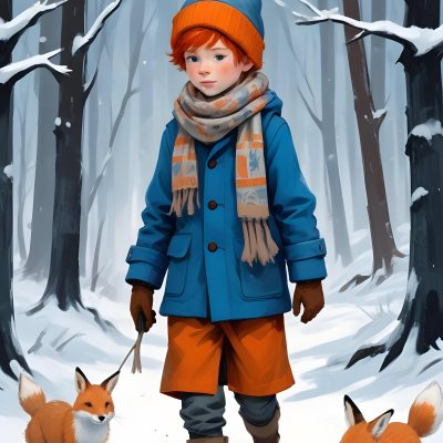 Digital Painting A Young Boy With Red Hair And Freckles Wearing A Blue Winter Coat Orange Hat And Scarf Walking Through A Snowy Forest With A Rabbit And Fox By His Side Bold And Slim Lines Brush Strokes 31 Cad9