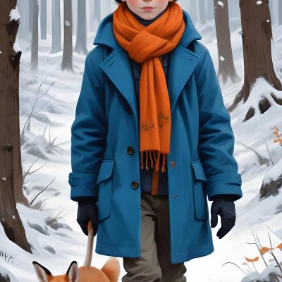 Digital Painting A Young Boy With Red Hair And Freckles Wearing A Blue Winter Coat Orange Hat And Scarf Walking Through A Snowy Forest With A Rabbit And Fox By His Side Bold And Slim Lines Brush Strokes 32 07b9