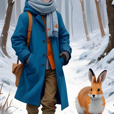 Digital Painting A Young Boy With Red Hair And Freckles Wearing A Blue Winter Coat Orange Hat And Scarf Walking Through A Snowy Forest With A Rabbit And Fox By His Side Bold And Slim Lines Brush Strokes 33 8db9