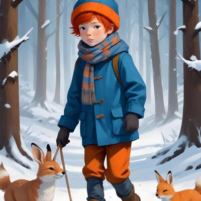 Digital Painting A Young Boy With Red Hair And Freckles Wearing A Blue Winter Coat Orange Hat And Scarf Walking Through A Snowy Forest With A Rabbit And Fox By His Side Bold And Slim Lines Brush Strokes 34 7003