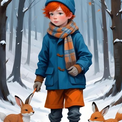 Digital Painting A Young Boy With Red Hair And Freckles Wearing A Blue Winter Coat Orange Hat And Scarf Walking Through A Snowy Forest With A Rabbit And Fox By His Side Bold And Slim Lines Brush Strokes 35 F596
