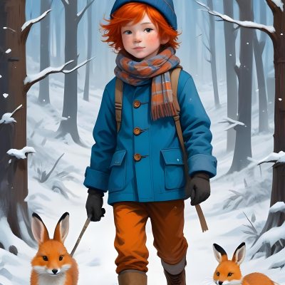 Digital Painting A Young Boy With Red Hair And Freckles Wearing A Blue Winter Coat Orange Hat And Scarf Walking Through A Snowy Forest With A Rabbit And Fox By His Side Bold And Slim Lines Brush Strokes 36 7082