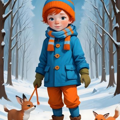 Digital Painting A Young Boy With Red Hair And Freckles Wearing A Blue Winter Coat Orange Hat And Scarf Walking Through A Snowy Forest With A Rabbit And Fox By His Side Bold And Slim Lines Brush Strokes 37 F3cb