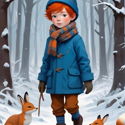 Digital Painting A Young Boy With Red Hair And Freckles Wearing A Blue Winter Coat Orange Hat And Scarf Walking Through A Snowy Forest With A Rabbit And Fox By His Side Bold And Slim Lines Brush Strokes 38 F4e9