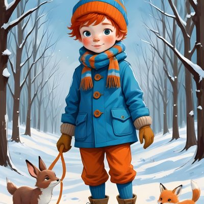 Digital Painting A Young Boy With Red Hair And Freckles Wearing A Blue Winter Coat Orange Hat And Scarf Walking Through A Snowy Forest With A Rabbit And Fox By His Side Bold And Slim Lines Brush Strokes 39 012f