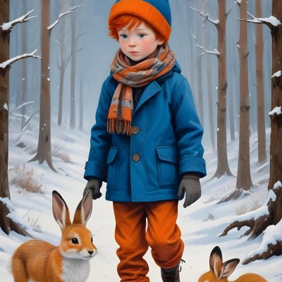 Digital Painting A Young Boy With Red Hair And Freckles Wearing A Blue Winter Coat Orange Hat And Scarf Walking Through A Snowy Forest With A Rabbit And Fox By His Side Bold And Slim Lines Brush Strokes 4 2559