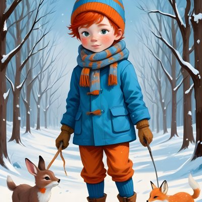 Digital Painting A Young Boy With Red Hair And Freckles Wearing A Blue Winter Coat Orange Hat And Scarf Walking Through A Snowy Forest With A Rabbit And Fox By His Side Bold And Slim Lines Brush Strokes 40 5289