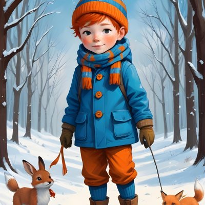 Digital Painting A Young Boy With Red Hair And Freckles Wearing A Blue Winter Coat Orange Hat And Scarf Walking Through A Snowy Forest With A Rabbit And Fox By His Side Bold And Slim Lines Brush Strokes 41 D830