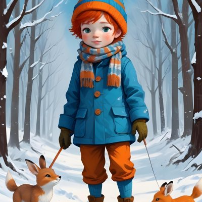 Digital Painting A Young Boy With Red Hair And Freckles Wearing A Blue Winter Coat Orange Hat And Scarf Walking Through A Snowy Forest With A Rabbit And Fox By His Side Bold And Slim Lines Brush Strokes 42 9dbe