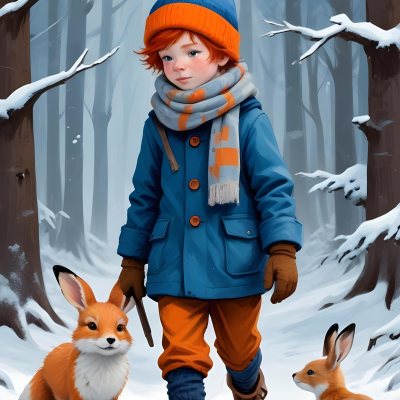 Digital Painting A Young Boy With Red Hair And Freckles Wearing A Blue Winter Coat Orange Hat And Scarf Walking Through A Snowy Forest With A Rabbit And Fox By His Side Bold And Slim Lines Brush Strokes 43 44f9