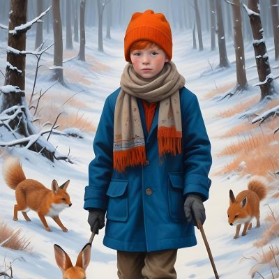 Digital Painting A Young Boy With Red Hair And Freckles Wearing A Blue Winter Coat Orange Hat And Scarf Walking Through A Snowy Forest With A Rabbit And Fox By His Side Bold And Slim Lines Brush Strokes 5 7002
